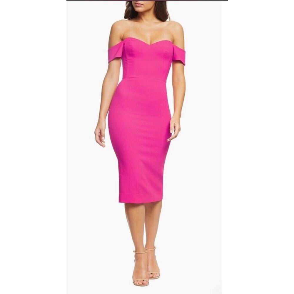 Dress The Population Bailey Off-Shoulder Bodycon Midi Dress in Hot Pink, Large